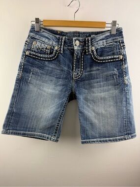Y2K Miss Me Thick Stitch Boyfriend Denim Shorts Medium Wash Embellished Size 25